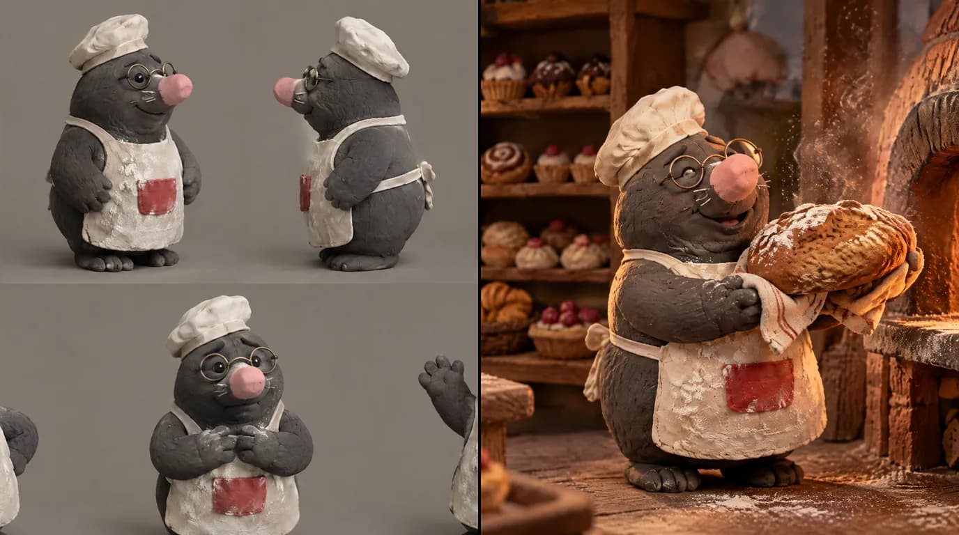 A claymation character sheet of a plasticine mole baker next to a film still of the same mole lifting a loaf from a tiny oven