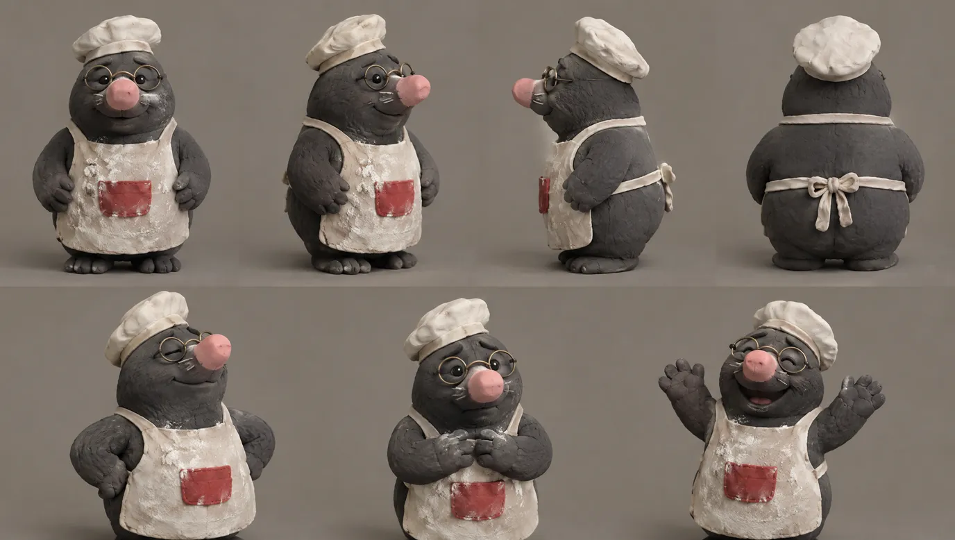 Character reference sheet of Bertie, an original plasticine mole baker in a chef's hat and a floury apron with a red pocket, shown from the front, three-quarter, side and back, with three expressions below