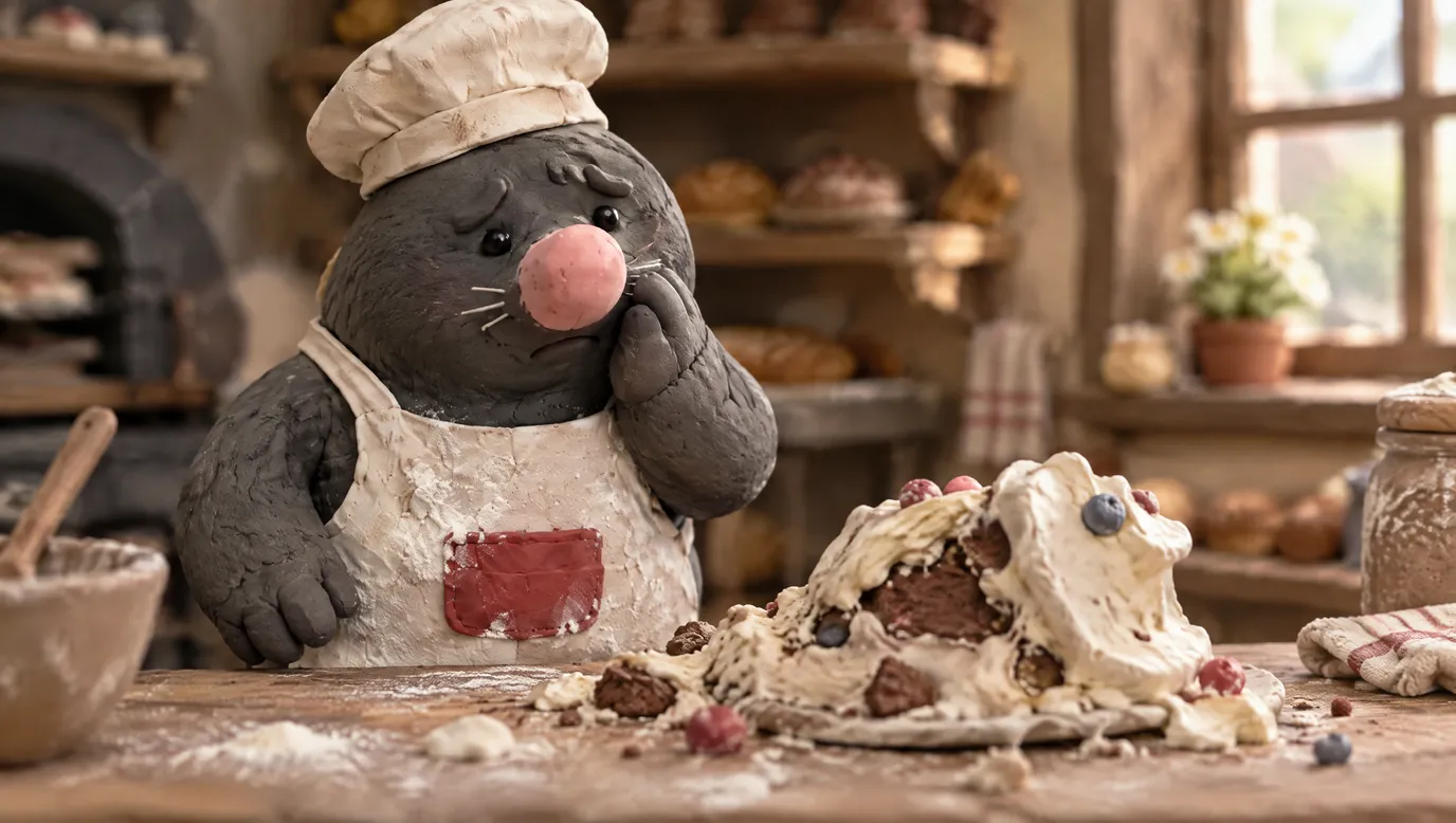 Take 3 of the worried shot: Bertie the clay mole with a bare face and no glasses, staring at a collapsed cake