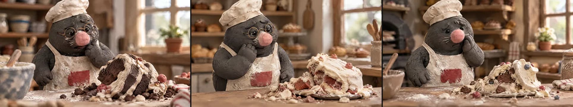 The same claymation shot of Bertie the mole baker worried at a collapsed cake in three takes: in the first two he wears round glasses, in the third his face is bare