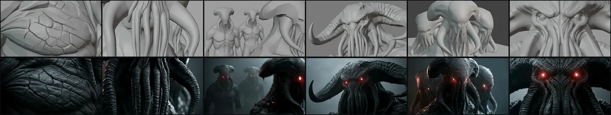 Six grey storyboard frames of a horned, tentacled creature on the top row and the six matching dark final frames with red glowing eyes on the bottom row