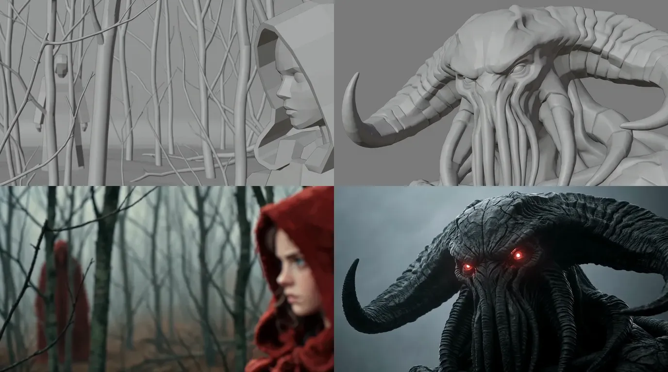 Two horror shots by the ScreenWeaver team: grey previz storyboard frames on top of a girl in a hood in a dead forest and of a horned creature with a tentacled face, the matching final frames below, with the blurred red figure behind her and the creature's red eyes