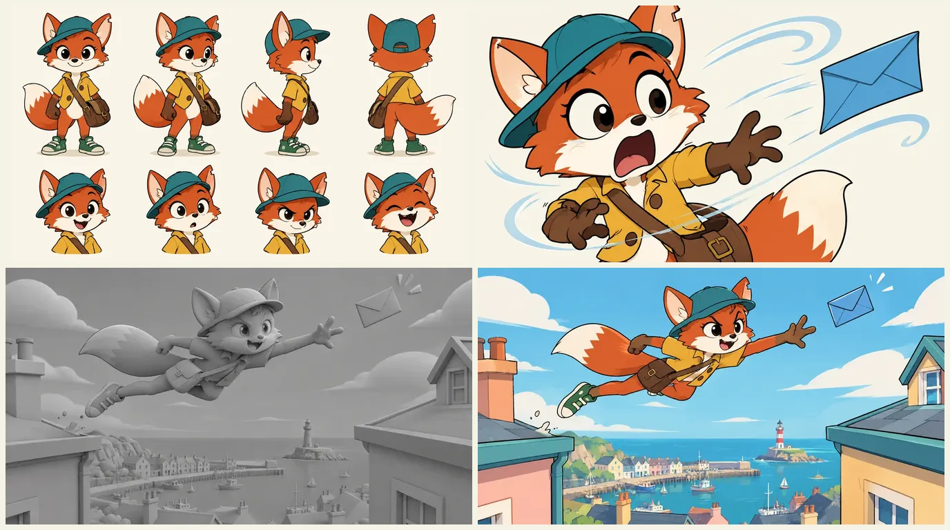 Four images from Mila's Delivery: top left, the model sheet of Mila the fox courier with four views and four expressions; top right, the final close-up of her shocked face as a blue envelope flies away; bottom row, the grey storyboard frame of her leap between two rooftops next to the finished cartoon frame of the same leap
