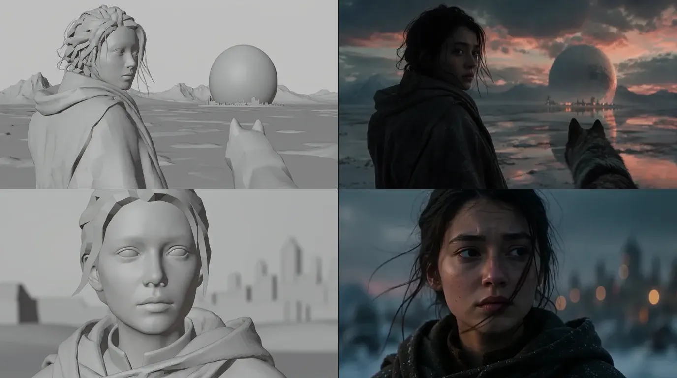 Two cuts from the Wolf Shore teaser, each grey 3D previz storyboard frame beside its final shot: a young woman in a dark hooded coat looking back on a frozen shore with her wolf and a giant planet on the horizon, and a tight close-up of her face with blurred city lights behind