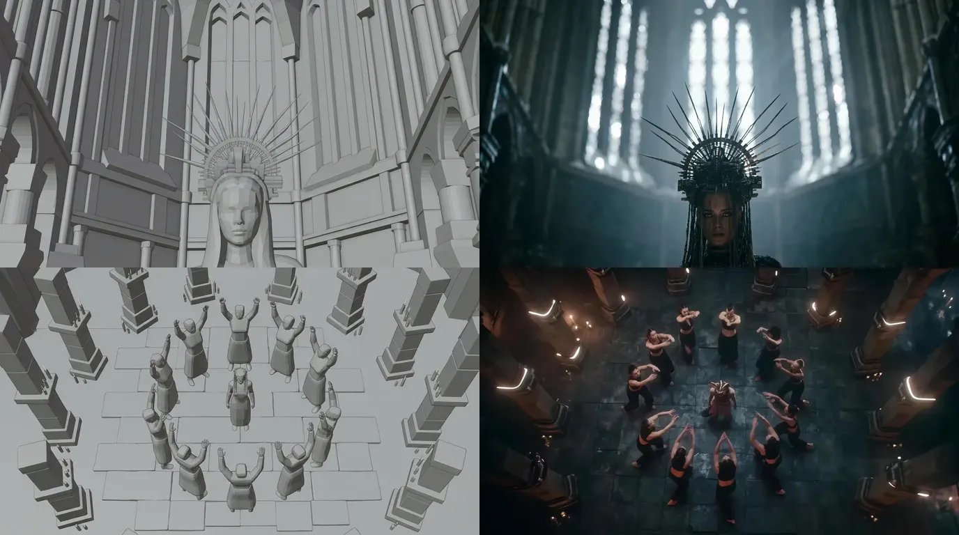 Deux plans du clip Neon Temple réalisé avec ScreenWeaver, chaque case de storyboard en préviz 3D grise à côté du plan final : la prêtresse sous les hautes fenêtres, et les danseurs en cercle vus du dessus