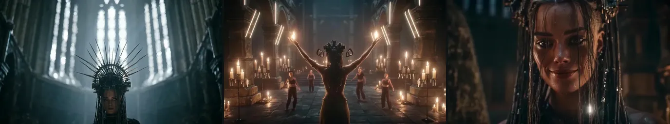 The same priestess in three Neon Temple shots: under the windows in the verse, arms raised from behind in the chorus, smiling to camera in the outro