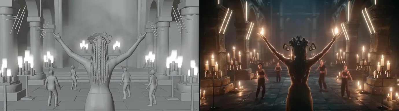Shot 5 of Neon Temple: on the left the grey 3D previz storyboard frame of the priestess seen from behind, arms raised among dancers and candles; on the right the final shot with white neon tubes lit