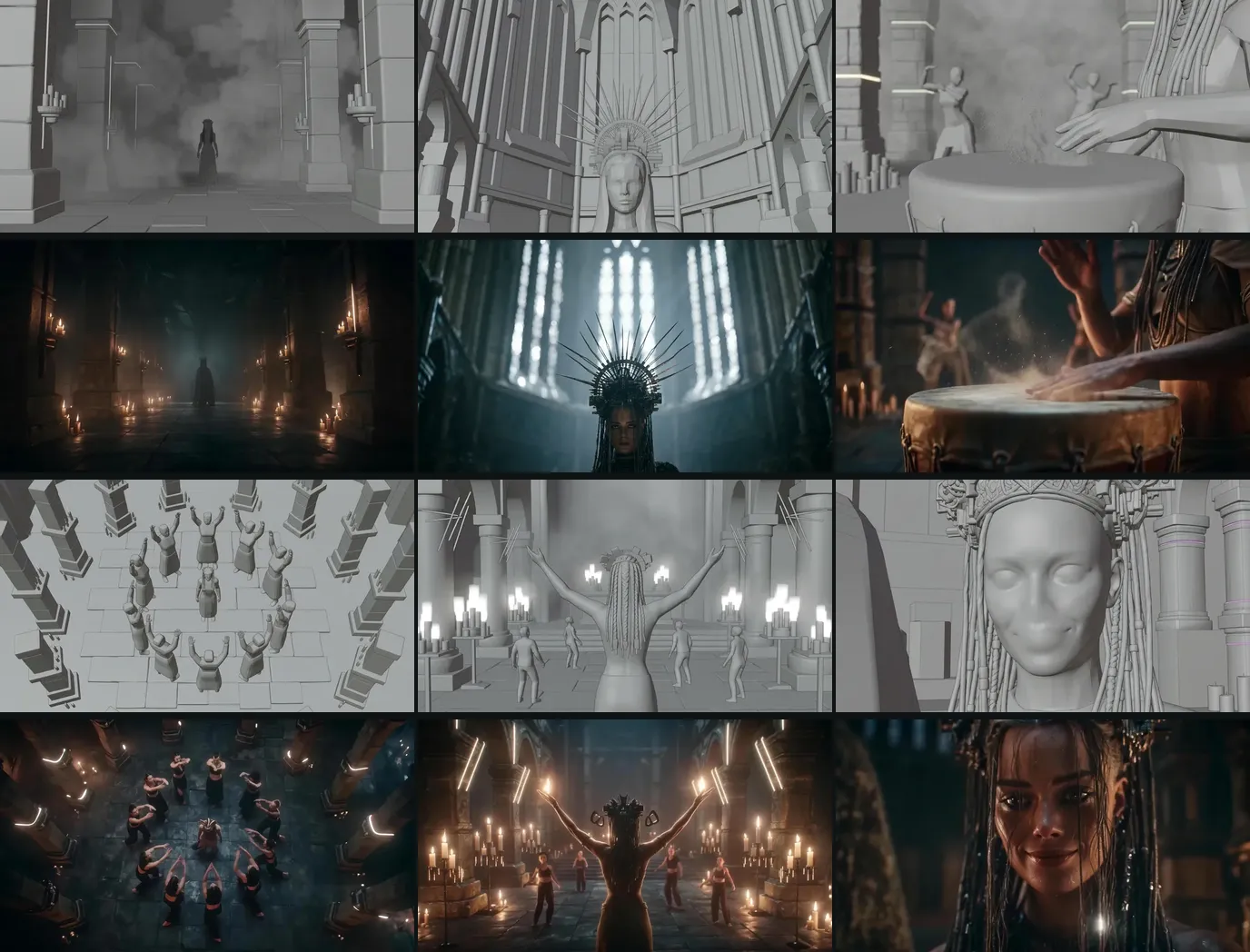 Six shots of the Neon Temple music video, each grey 3D previz storyboard frame above its final shot: the nave in smoke, the priestess under the windows, hands on the drum, dancers in a ring from above, arms raised among candles, the last smile to camera