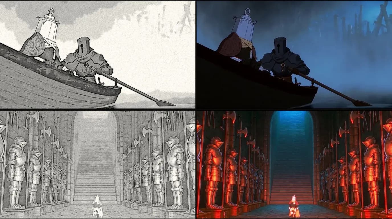 Deux plans de Lost Garden, chacun en planche de storyboard au crayon à gauche et en image finale d'animé à droite : deux chevaliers en armure qui traversent un lac brumeux en barque, et un petit chevalier qui avance entre deux rangées d'armures vers un escalier éclairé