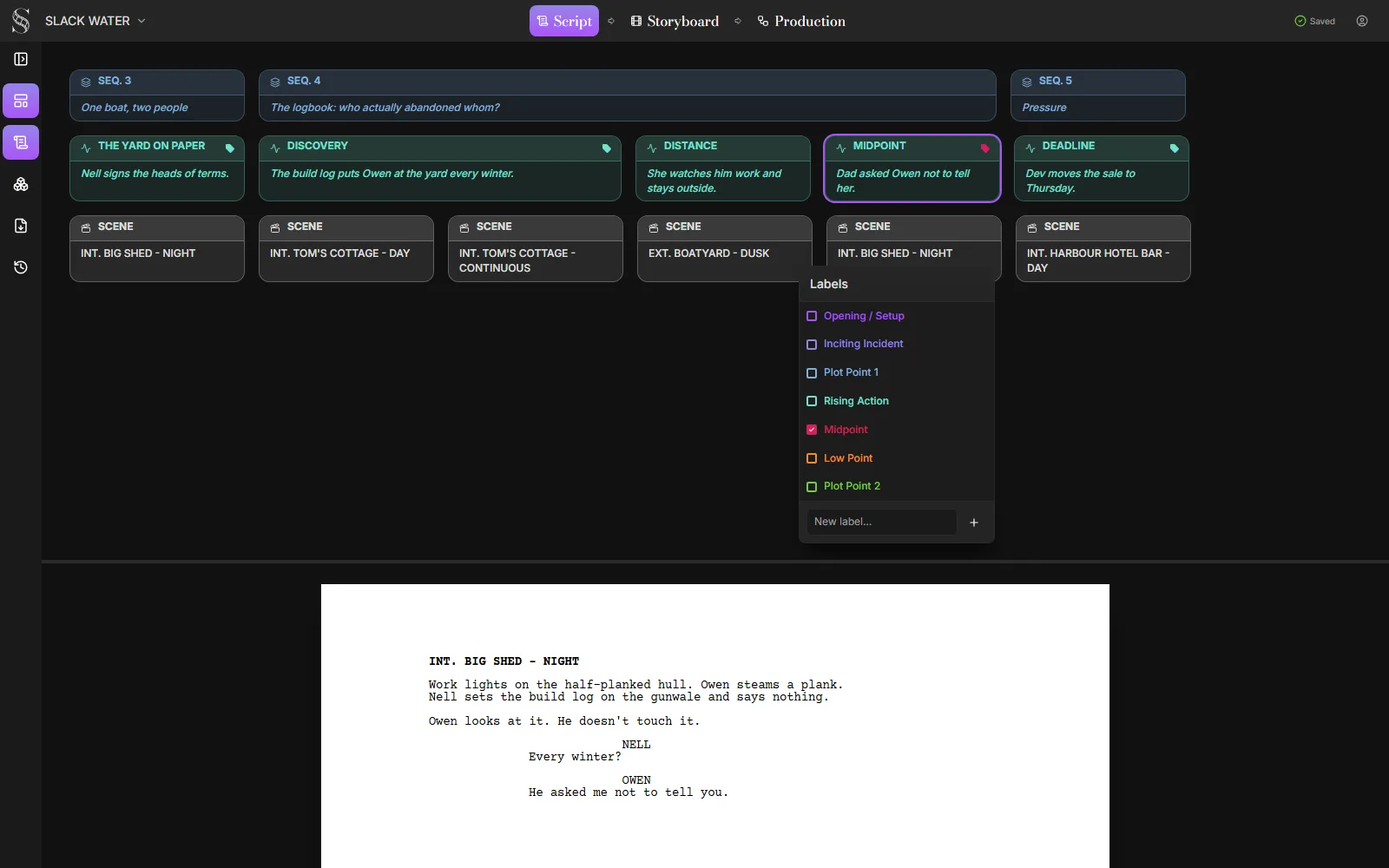 ScreenWeaver Script 标签页的卡片视图,打开 SLACK WATER 项目:段落轨道以第 4 段落“造船日志”为中心,故事节拍轨道有五个节拍,选中的中点节拍打开了标签弹窗并勾选了 Midpoint,场景轨道有六个场景标题,下方剧本页面上是第 16 场(界面为英文)