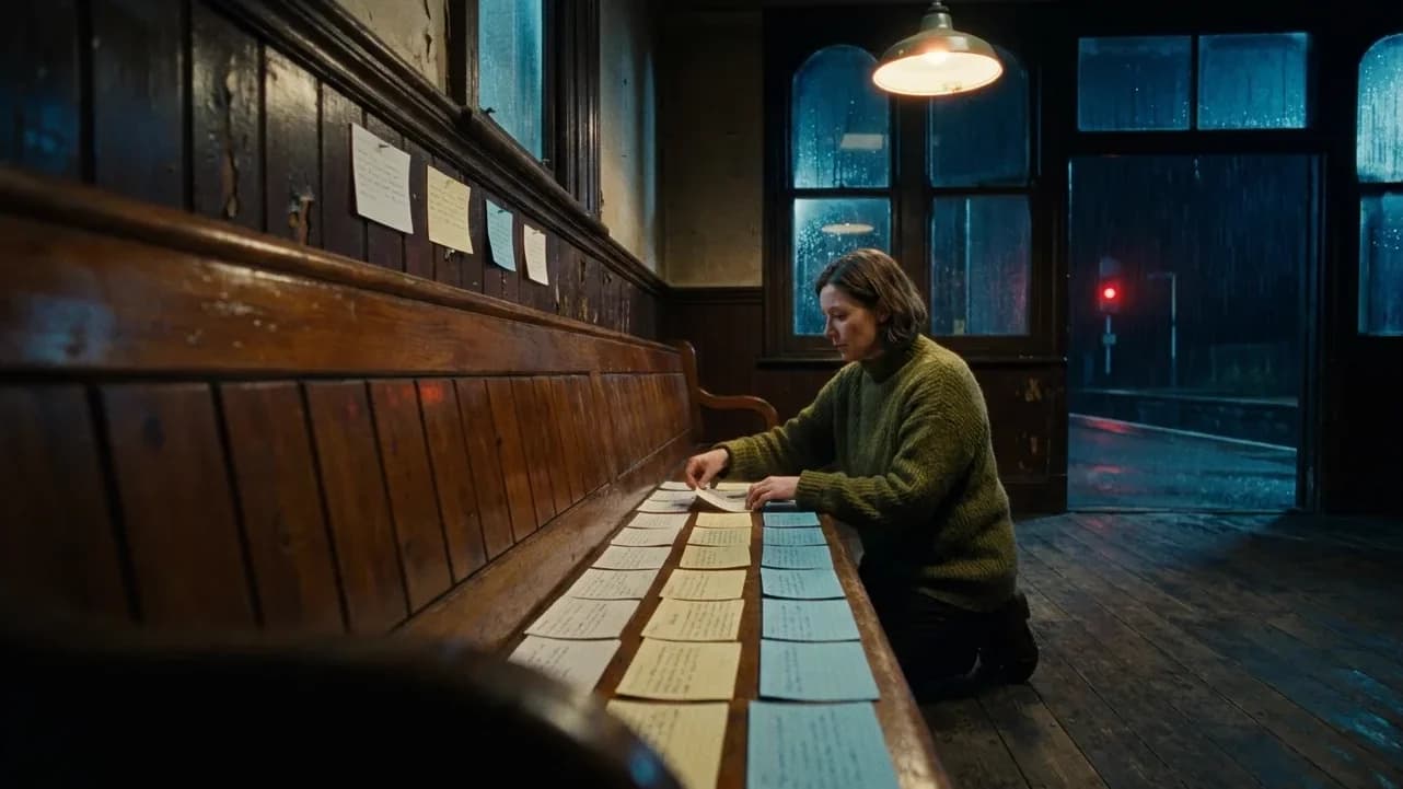 A screenwriter in a green wool jumper kneels beside a long wooden bench in a disused railway waiting room at night, laying index cards in three rows, rain on the arched windows and a red signal light on the platform outside, cinematic still