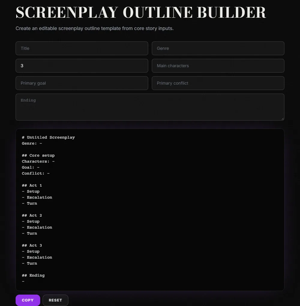 The Screenplay Outline Builder page on screenweaver.ai with empty fields for title, genre, number of acts set to 3, main characters, primary goal, primary conflict and ending, above a generated outline listing Setup, Escalation and Turn for Acts 1 to 3