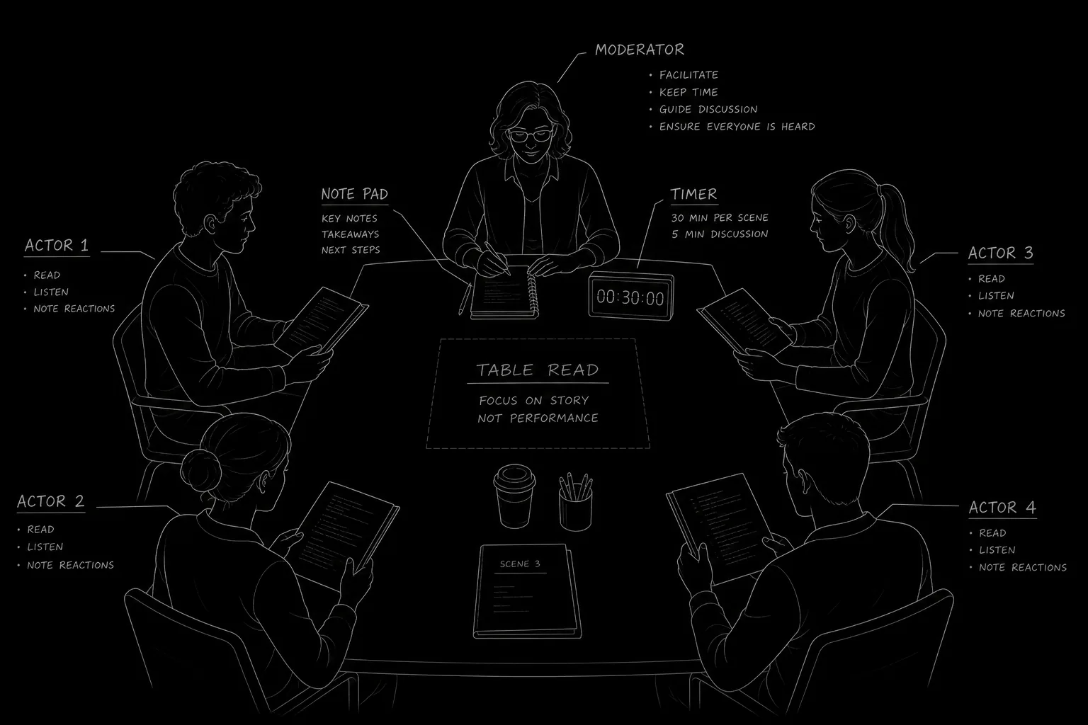 Dark mode technical sketch: moderator at head of table with timer and note pad actors with scripts, thin white lines on black