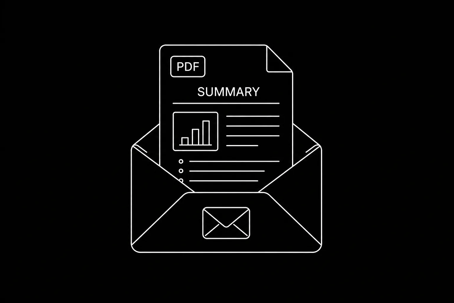 Dark mode technical sketch: email inbox row with treatment PDF attachment name highlighted beside a one-page summary icon, thin white lines on black