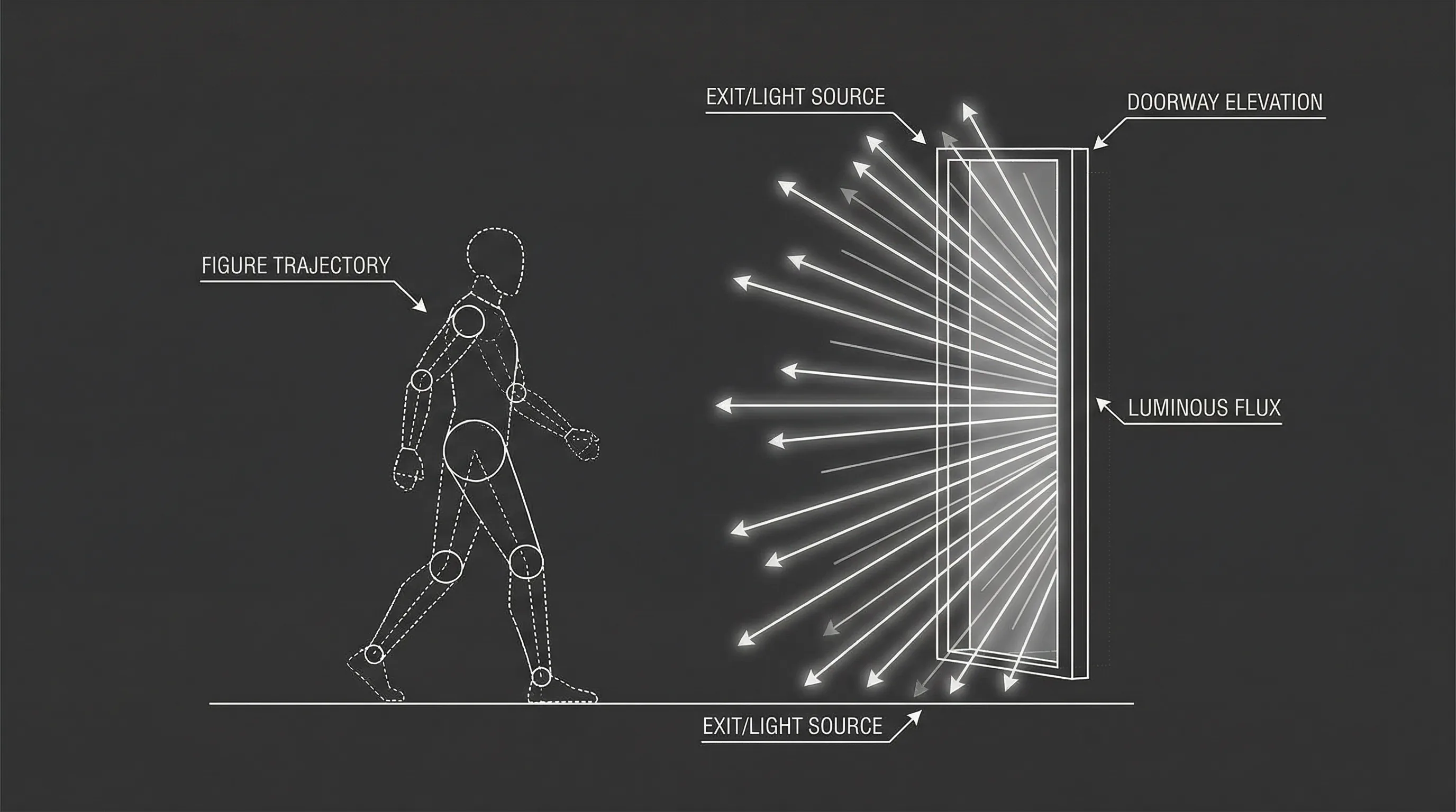 Single figure walking toward a door with light