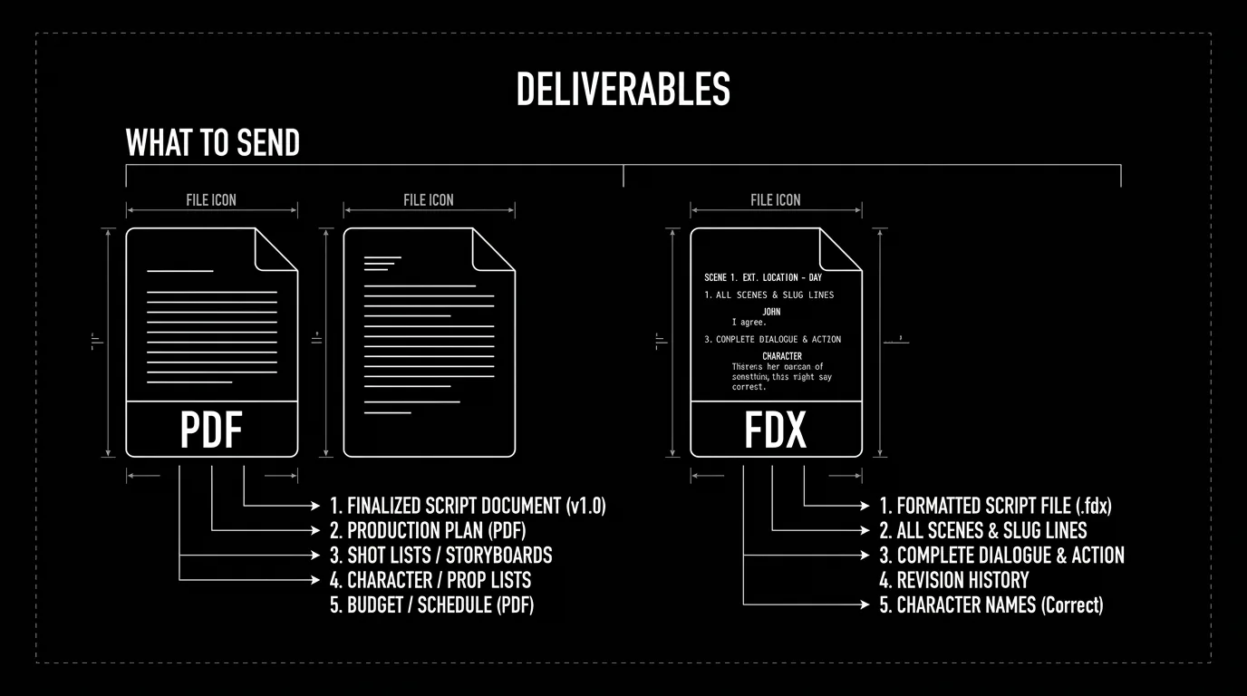 Schizzo tecnico su fondo nero: icone dei file PDF e FDX con la scritta «what to send» (schema in inglese)