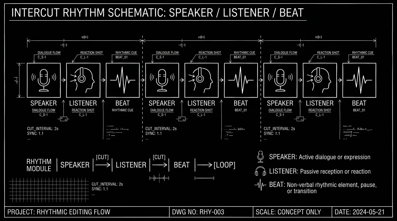 Intercut rhythm: speaker / listener / beat; dark mode technical sketch