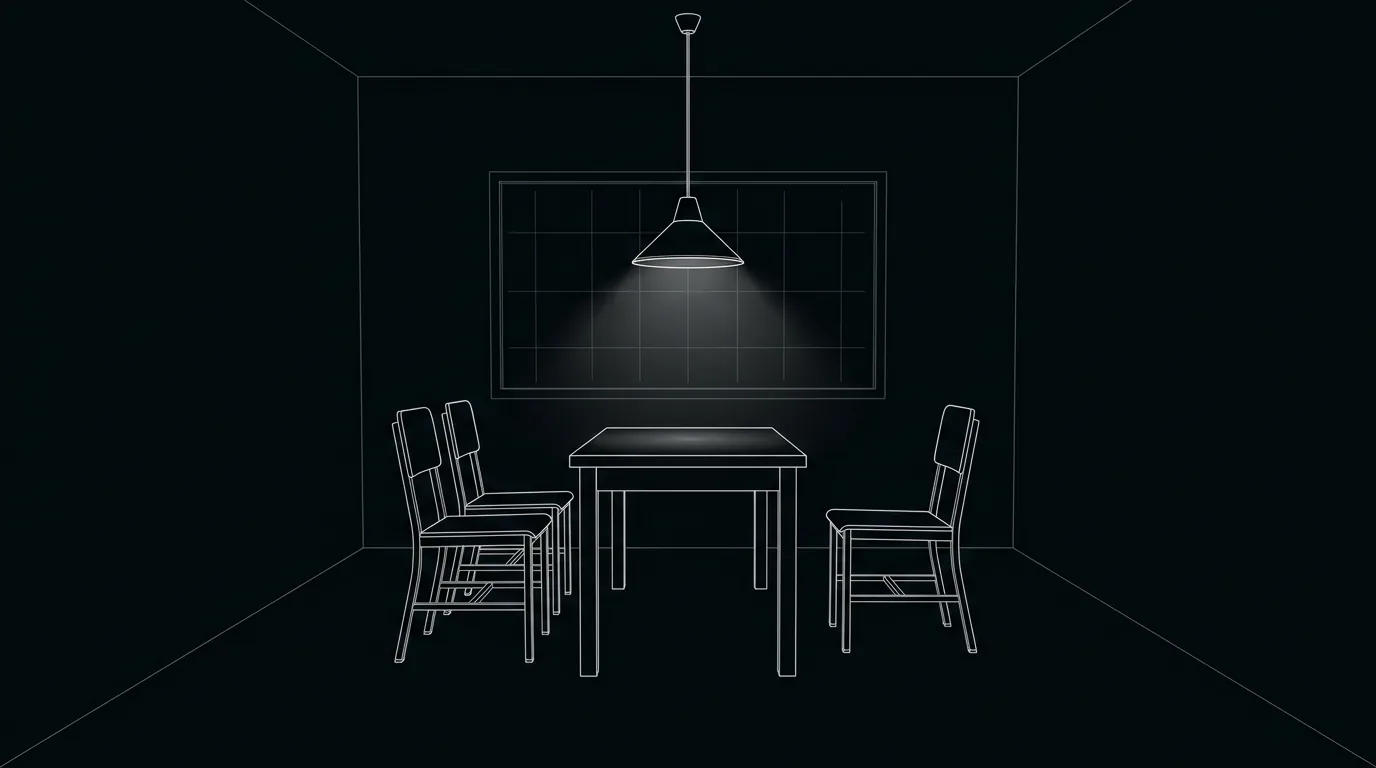 Dark interrogation room: table, chairs, overhead light