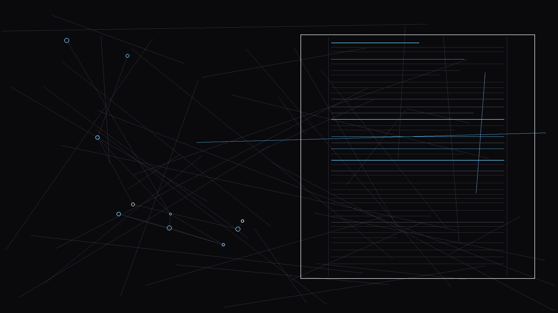 A split comparison of weak vs strong character introductions; dark mode technical sketch, thin white lines on black background