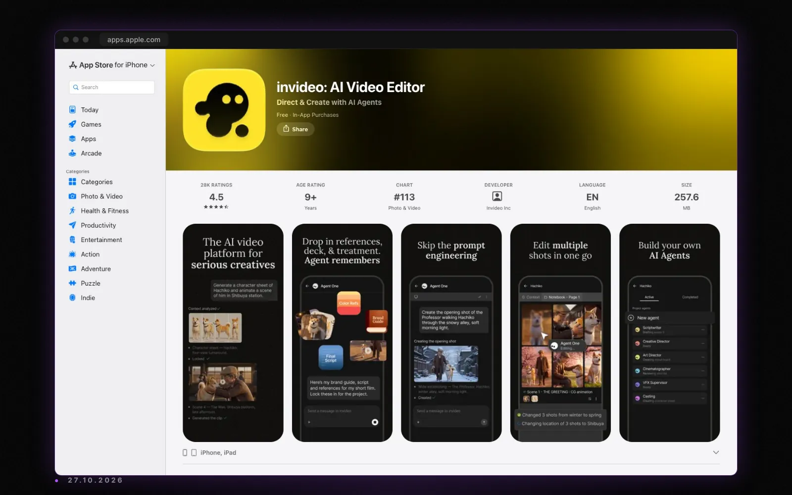 미국 App Store의 invideo AI 페이지와 평점, 2026년 10월 27일 캡처