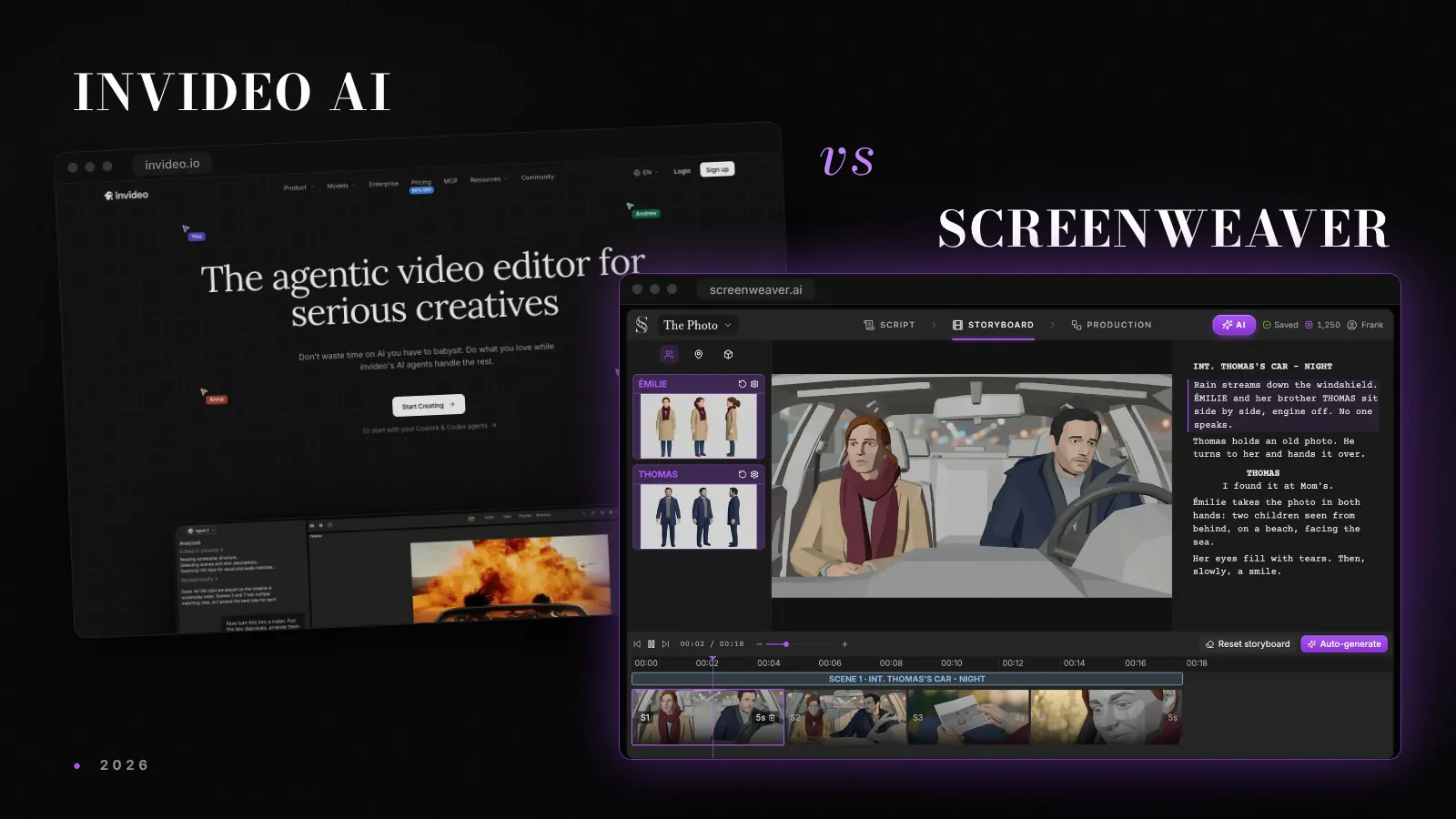 ScreenWeaver 스토리보드 편집기 옆에 놓인 invideo AI 웹사이트, 보라색 빛이 도는 어두운 배경