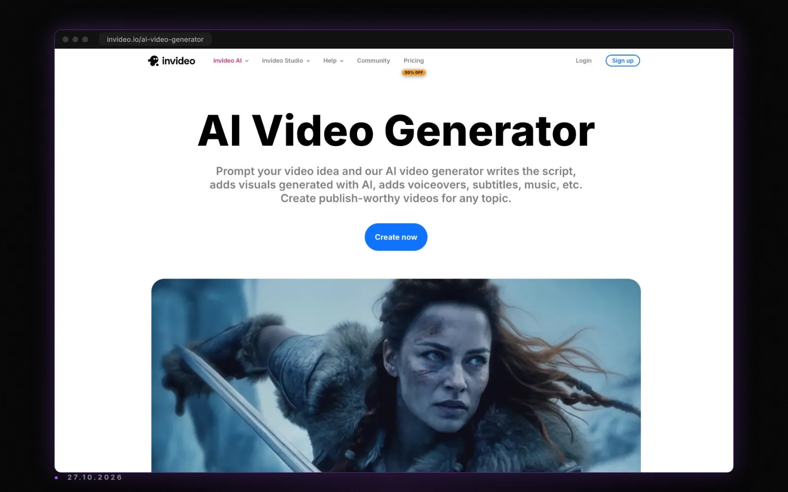 invideo AI 제품 페이지, 2026년 10월 27일 캡처