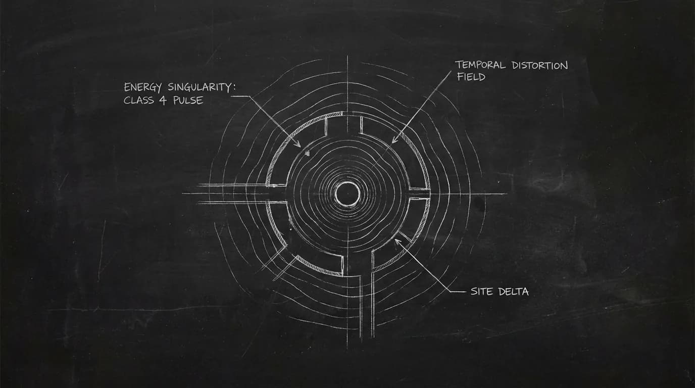 Single location with pulse or distortion; dark mode technical sketch