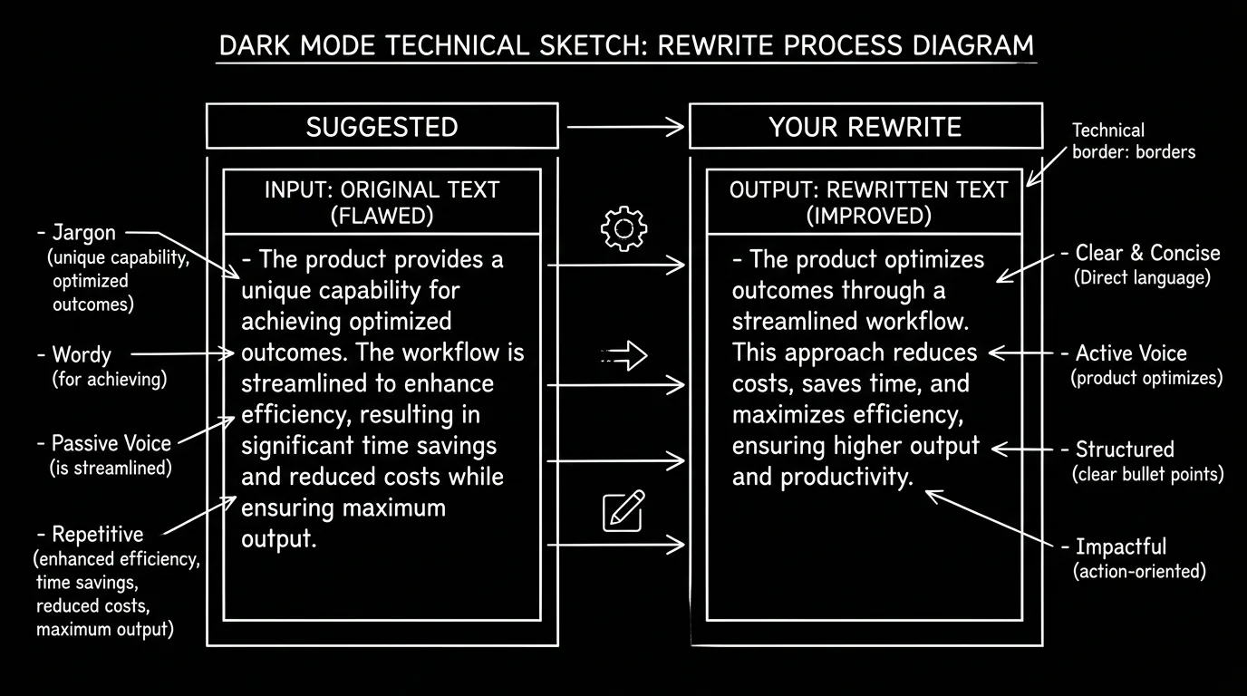 Prompt: Dark Mode Technical Sketch, two columns: "Suggested" and "Your rewrite", with arrows from first to second, clean white lines on black --ar 16:9