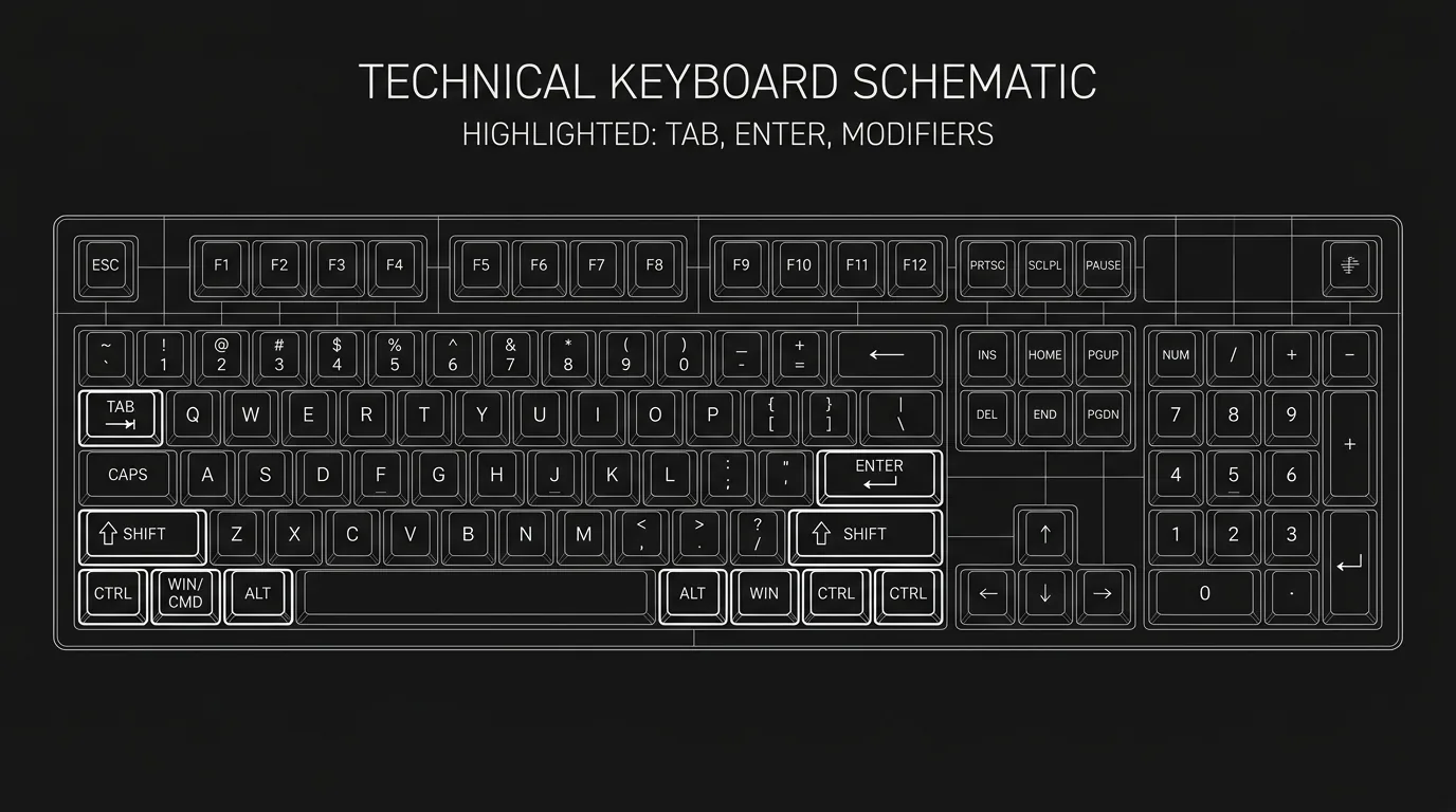 Dark mode technical sketch: keyboard with Tab, Enter and modifier keys highlighted; thin white lines on black