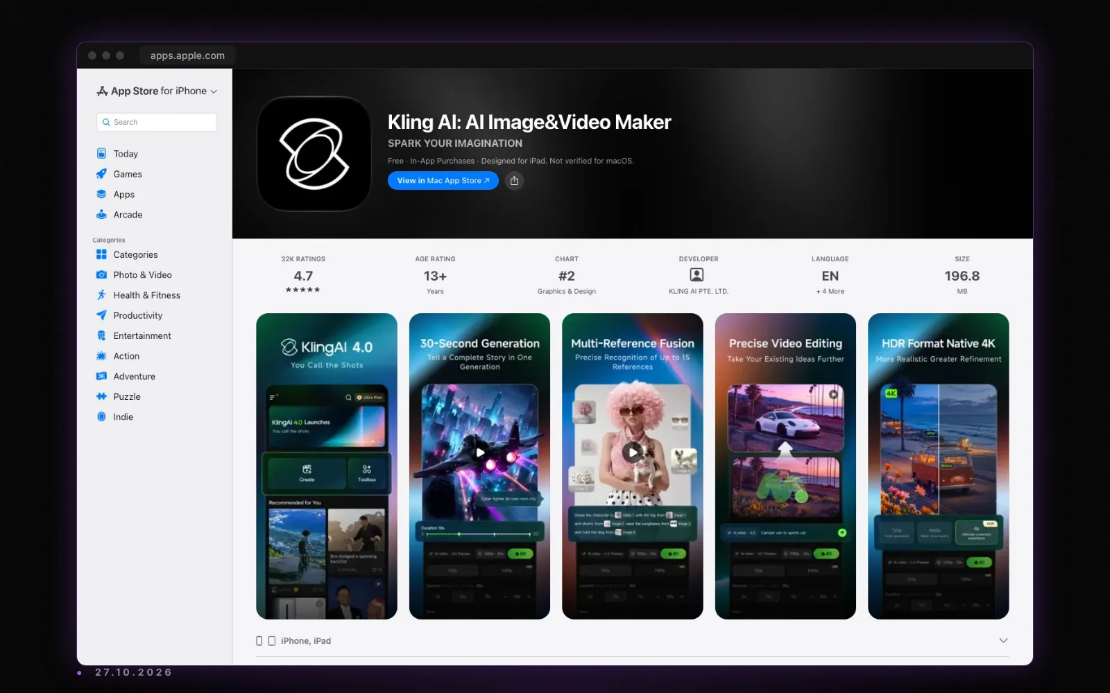 Der Eintrag von Kling AI im US-App-Store mit Bewertung, Aufnahme vom 27. Oktober 2026
