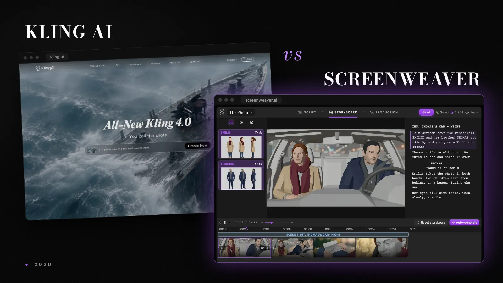 Die Website von Kling AI neben dem Storyboard-Editor von ScreenWeaver, auf dunklem Hintergrund mit violettem Schimmer