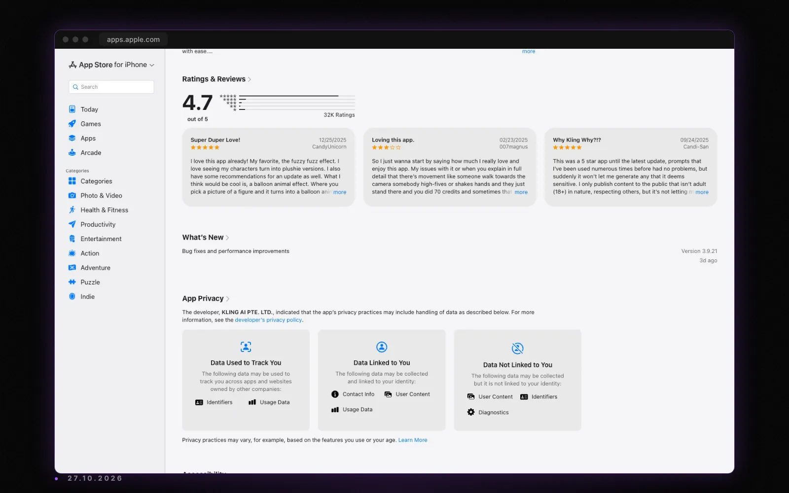 Schriftliche Rezensionen zu Kling AI im US-App-Store, Aufnahme vom 27. Oktober 2026