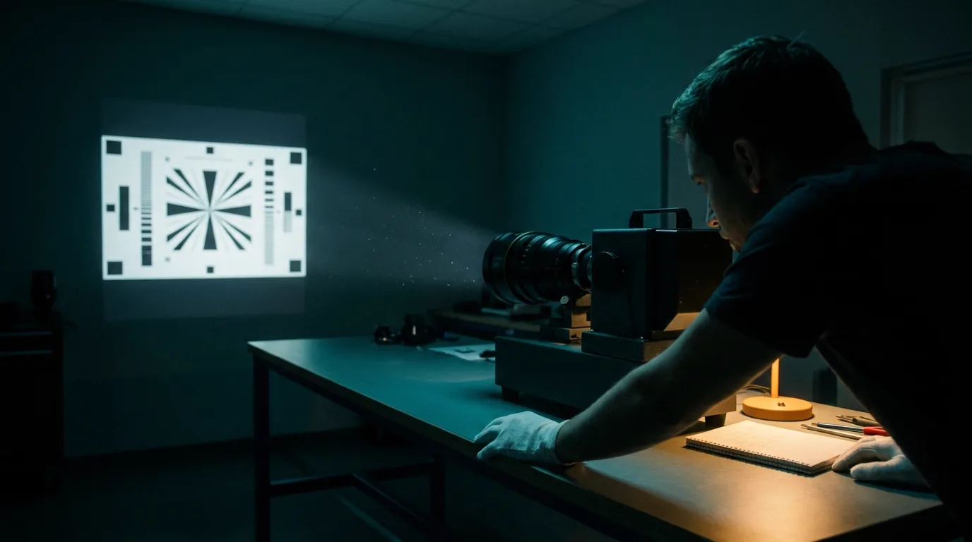 A technician in cotton gloves leaning over a lens projector in a dark rental house test room, a cinema lens throwing a sharp focus chart onto the far wall, cinematic still