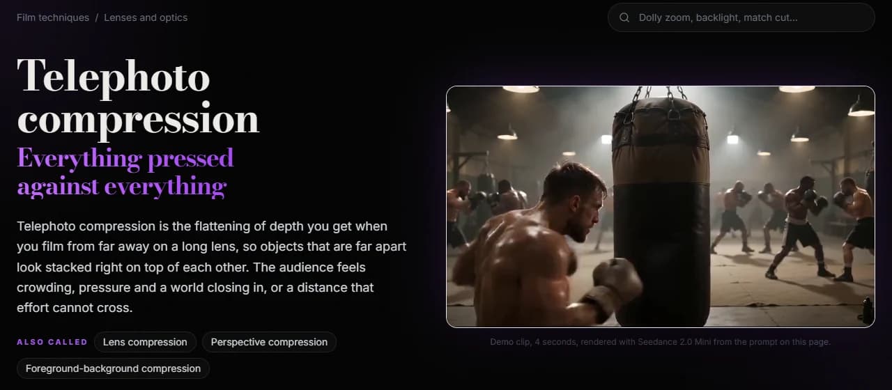 ScreenWeaver film techniques page for telephoto compression, headed "Everything pressed against everything", with a demo clip of a boxer hitting a heavy bag in the foreground while rows of sparring boxers fill the background at nearly the same scale