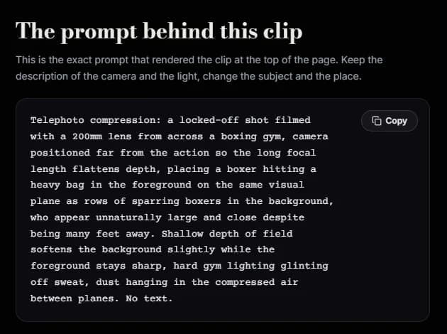 The prompt behind the telephoto compression demo clip, describing a locked-off shot with a 200mm lens from across a boxing gym, the camera positioned far from the action, a boxer in the foreground on the same visual plane as rows of sparring boxers in the background, shallow depth of field and hard gym lighting