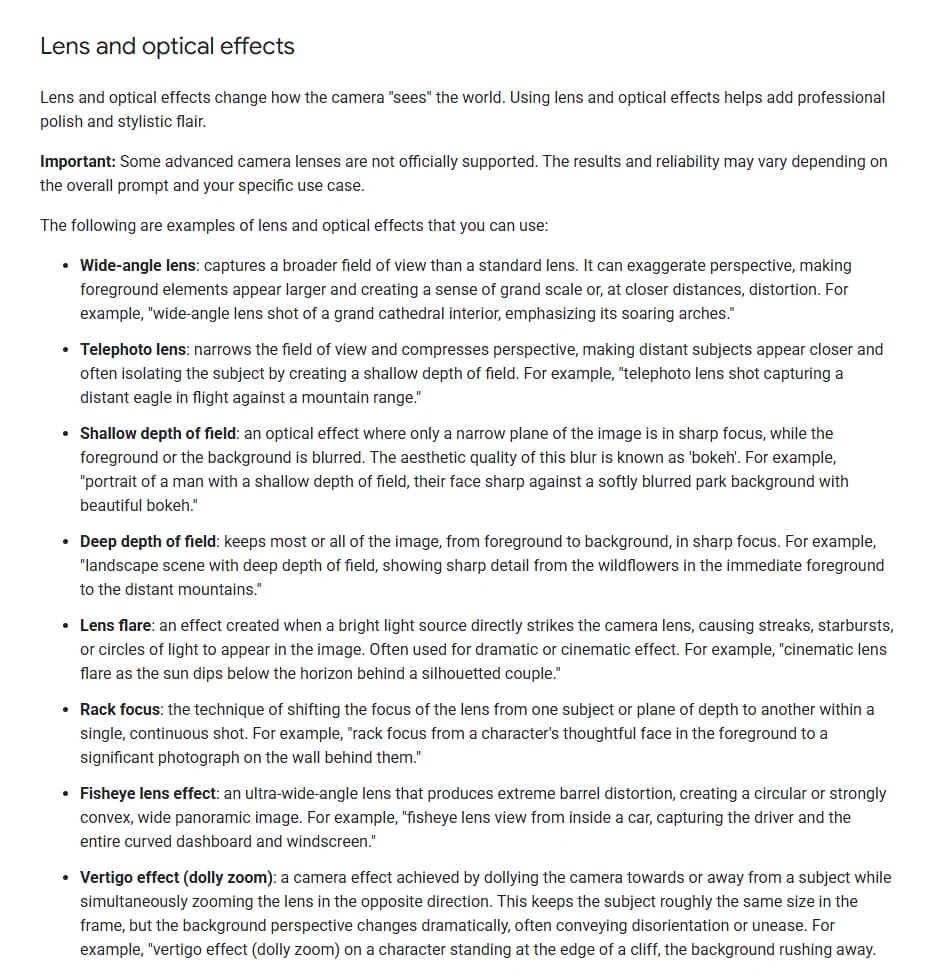 Google's Veo prompt guide, Lens and optical effects section, with a note that some advanced camera lenses are not officially supported, followed by definitions and example prompts for wide-angle lens, telephoto lens, shallow depth of field, deep depth of field, lens flare, rack focus, fisheye lens effect and vertigo effect