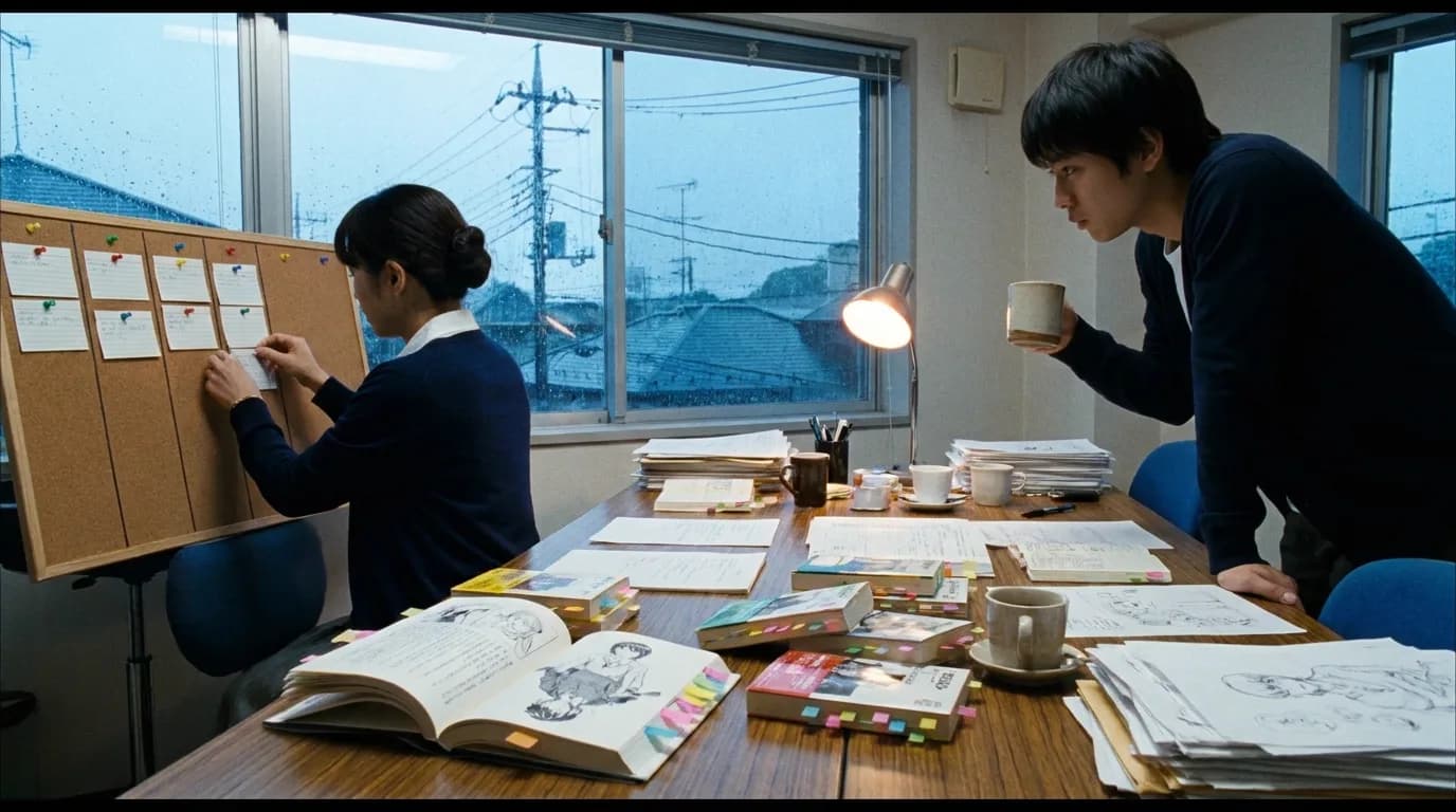 Early morning in a small anime studio meeting room, a screenwriter in a navy cardigan pins index cards into columns on a cork board while a young director with a mug leans over a table covered in small paperback volumes bristling with coloured sticky tabs, one open on a black and white character illustration, rain on the window and power lines outside, cinematic still