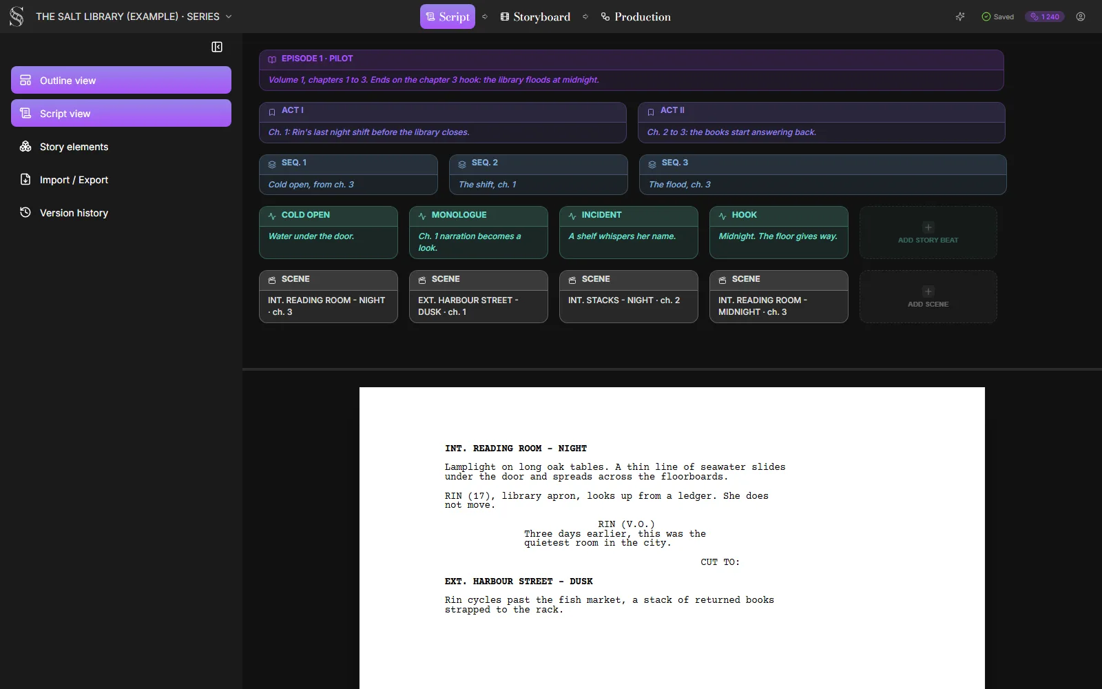 Reconstruction of ScreenWeaver's Script tab for an example series project called The Salt Library: the card view shows Episode 1 Pilot covering volume 1 chapters 1 to 3, two acts, three sequences, four story beats from cold open to hook, and four scene cards each tagged with the chapter it adapts, with the screenplay page of the cold open below