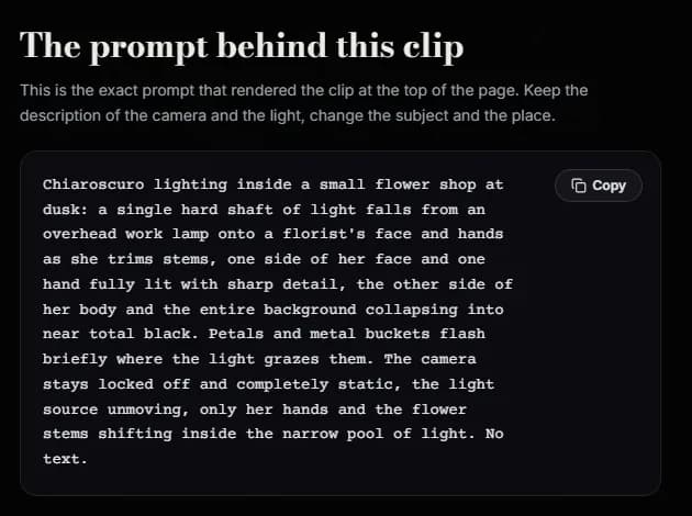 The prompt behind the chiaroscuro demo clip, shown in a code block on ScreenWeaver's film techniques page: chiaroscuro lighting inside a small flower shop at dusk, a single hard shaft of light from an overhead work lamp, the background collapsing into near total black, camera locked off