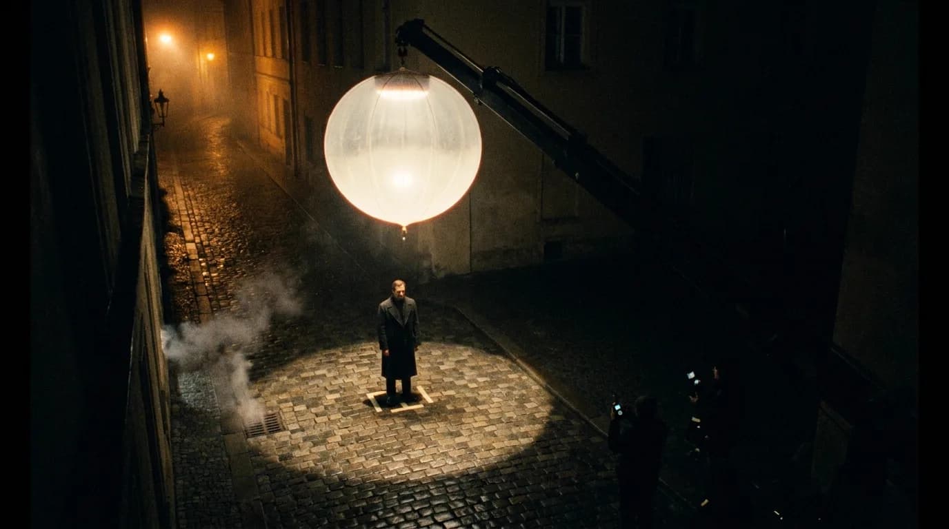 A stand-in actor in a dark wool coat on a taped mark in a narrow rain-wet cobblestone alley at night, lit by a single pool of hard top light from a glowing lighting balloon on a crane arm, cinematic still