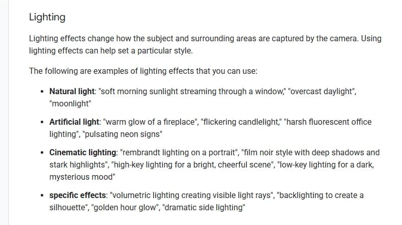Google's video generation prompt guide, Lighting section, listing natural light, artificial light, cinematic lighting and specific effects, each with example phrases such as soft morning sunlight streaming through a window, rembrandt lighting on a portrait and golden hour glow