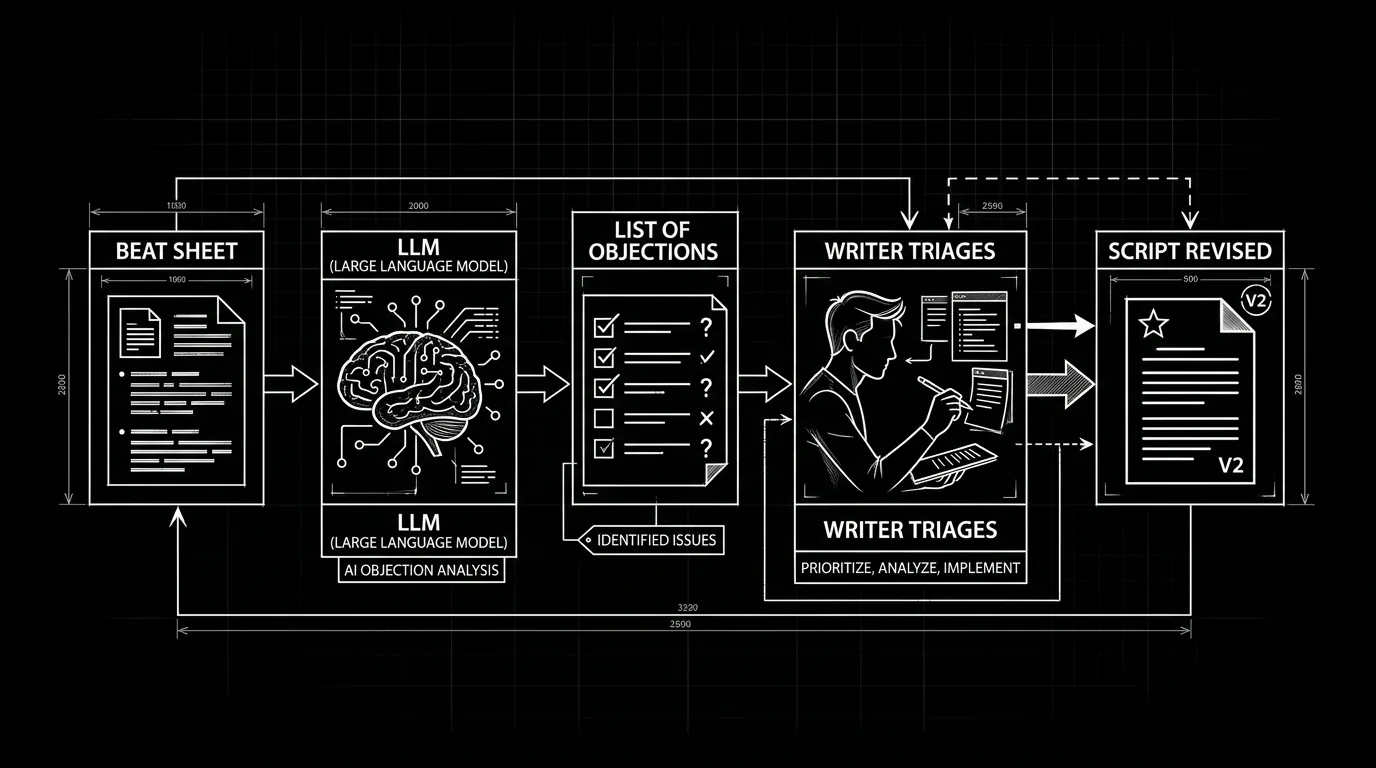 Prompt: Dark Mode Technical Sketch, flowchart: Beat sheet → LLM → List of objections → Writer triages → Script revised, clean white lines on black --ar 16:9