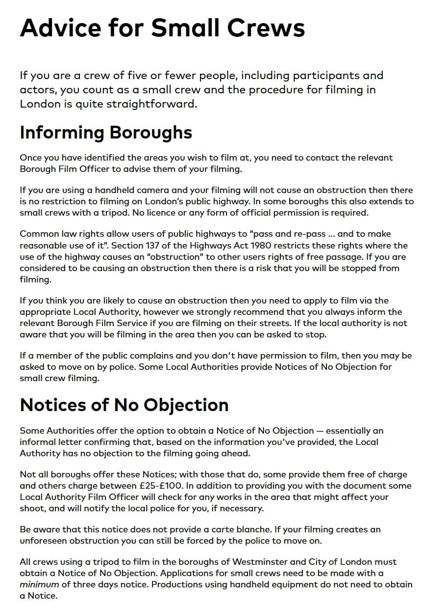 Film London's Advice for Small Crews page, explaining that crews of five or fewer count as small crews, the rules for handheld filming on the public highway, Notices of No Objection costing nothing or £25 to £100 depending on the borough, and the three-day minimum notice for tripods in Westminster and the City of London