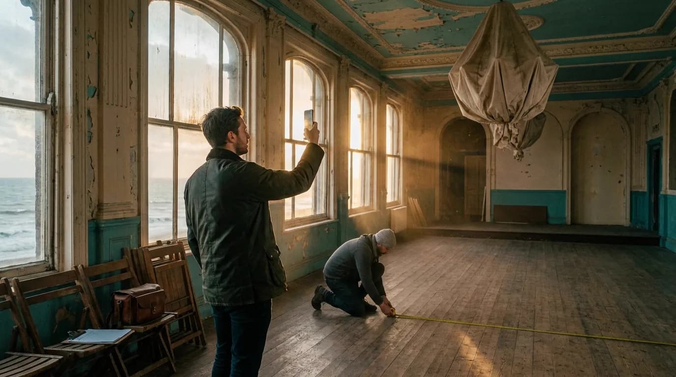A location scout in a dark green waxed jacket holds a phone up to the low sun streaming through tall arched windows of an empty Victorian pier ballroom, while a crew member in a grey beanie kneels to run a yellow tape measure across the wooden dance floor, cinematic still