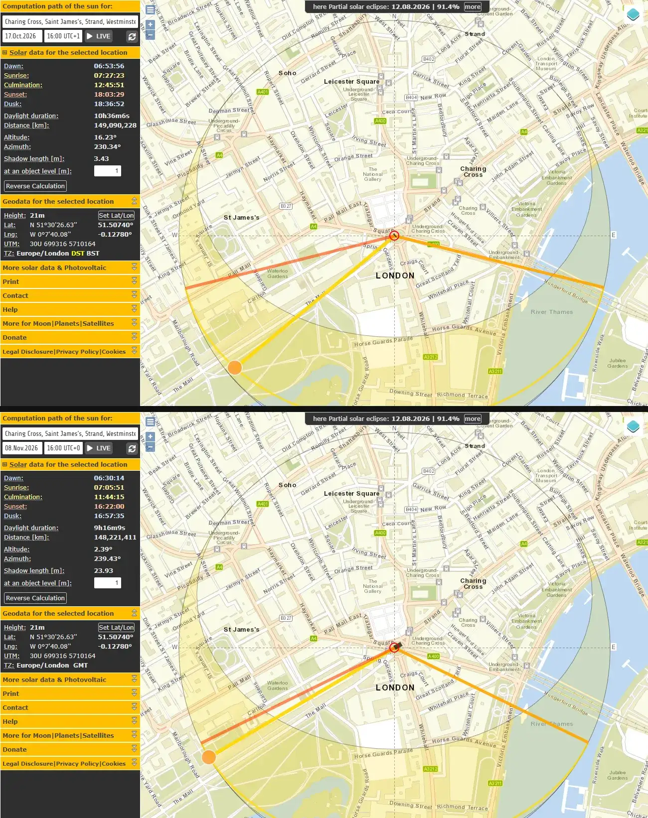 Two SunCalc screenshots for Charing Cross, London, at 16:00: on 17 October 2026 sunset is 18:03 BST and the sun's altitude is 16.23 degrees; on 8 November 2026 sunset is 16:22 GMT and the altitude is 2.39 degrees