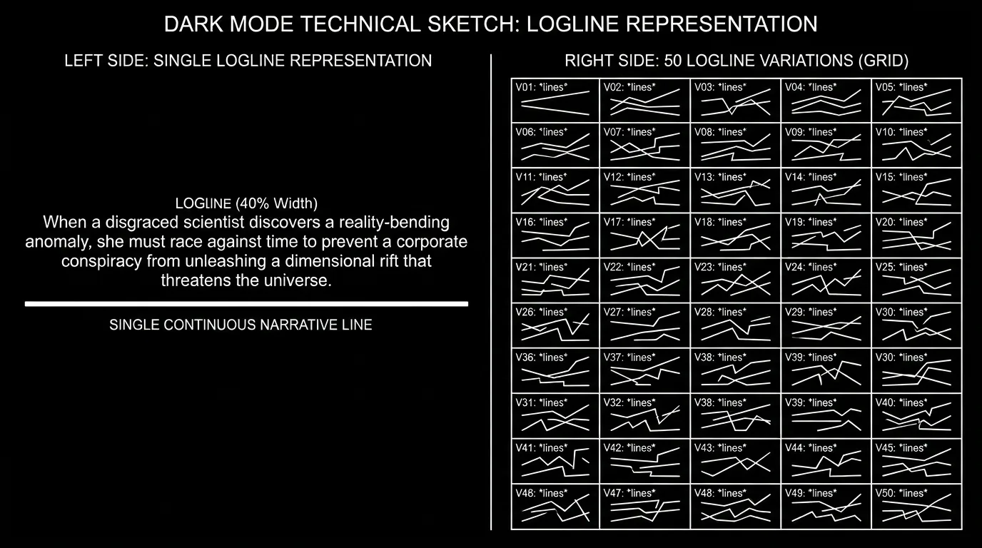 Prompt: Dark Mode Technical Sketch, split view: left side "One logline" with single line, right side "50 variations" with many short lines in a grid, clean white lines on black, no 3D --ar 16:9
