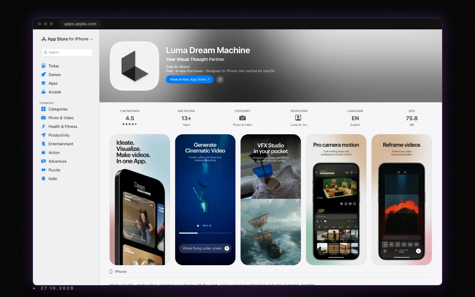 The Luma Dream Machine listing on the US App Store with its rating, captured on 27 October 2026
