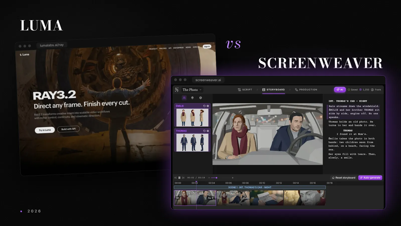 Die Website von Luma Dream Machine neben dem Storyboard-Editor von ScreenWeaver, auf dunklem Hintergrund mit violettem Schimmer