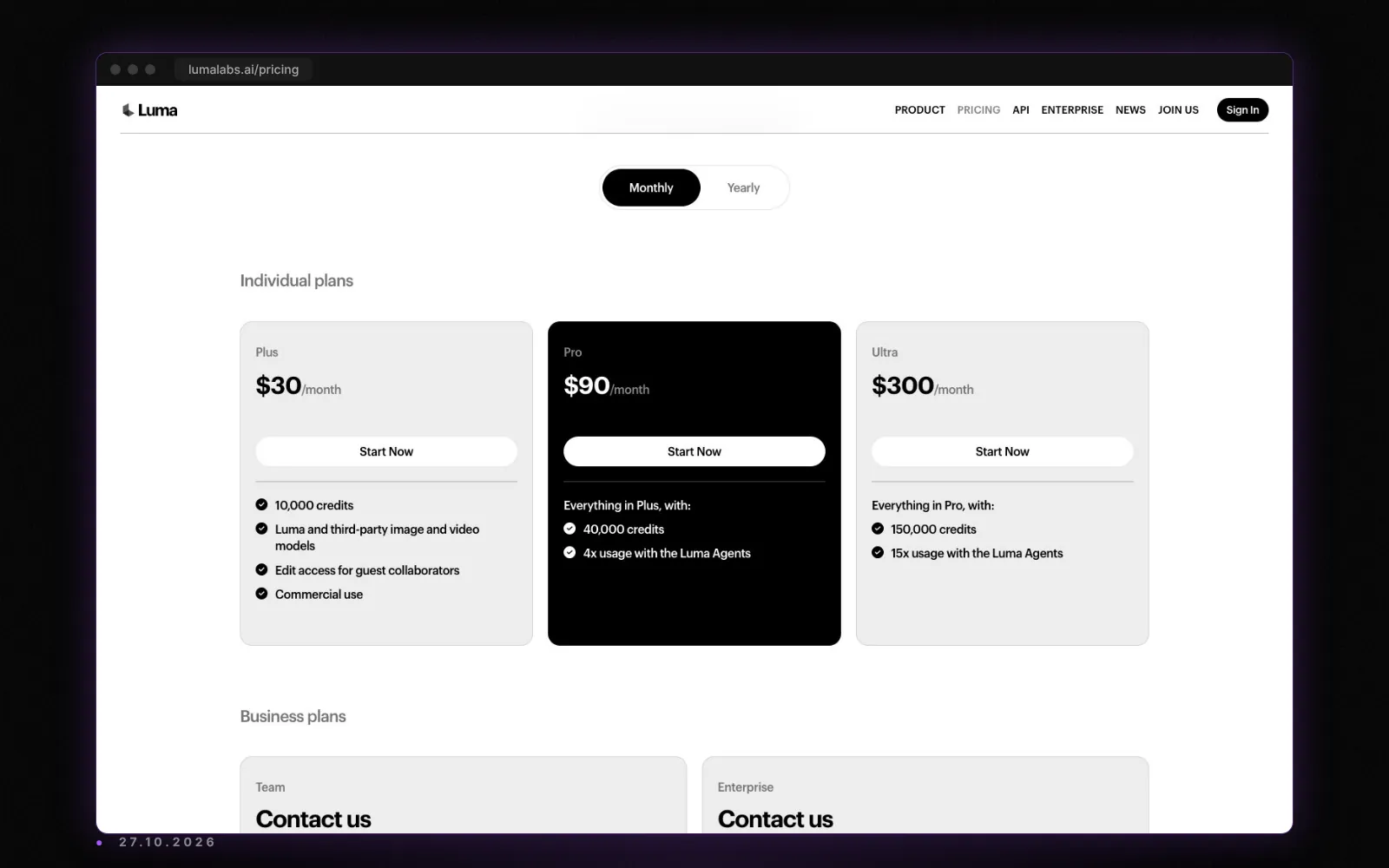 The Luma Dream Machine pricing page with its plans, captured on 27 October 2026