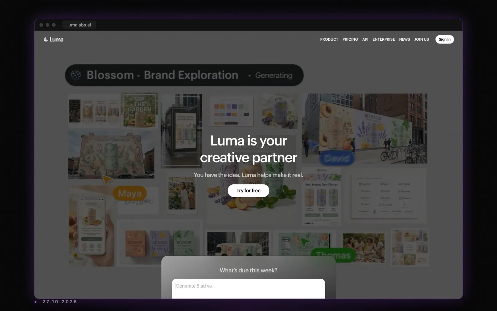 A Luma Dream Machine product page, captured on 27 October 2026